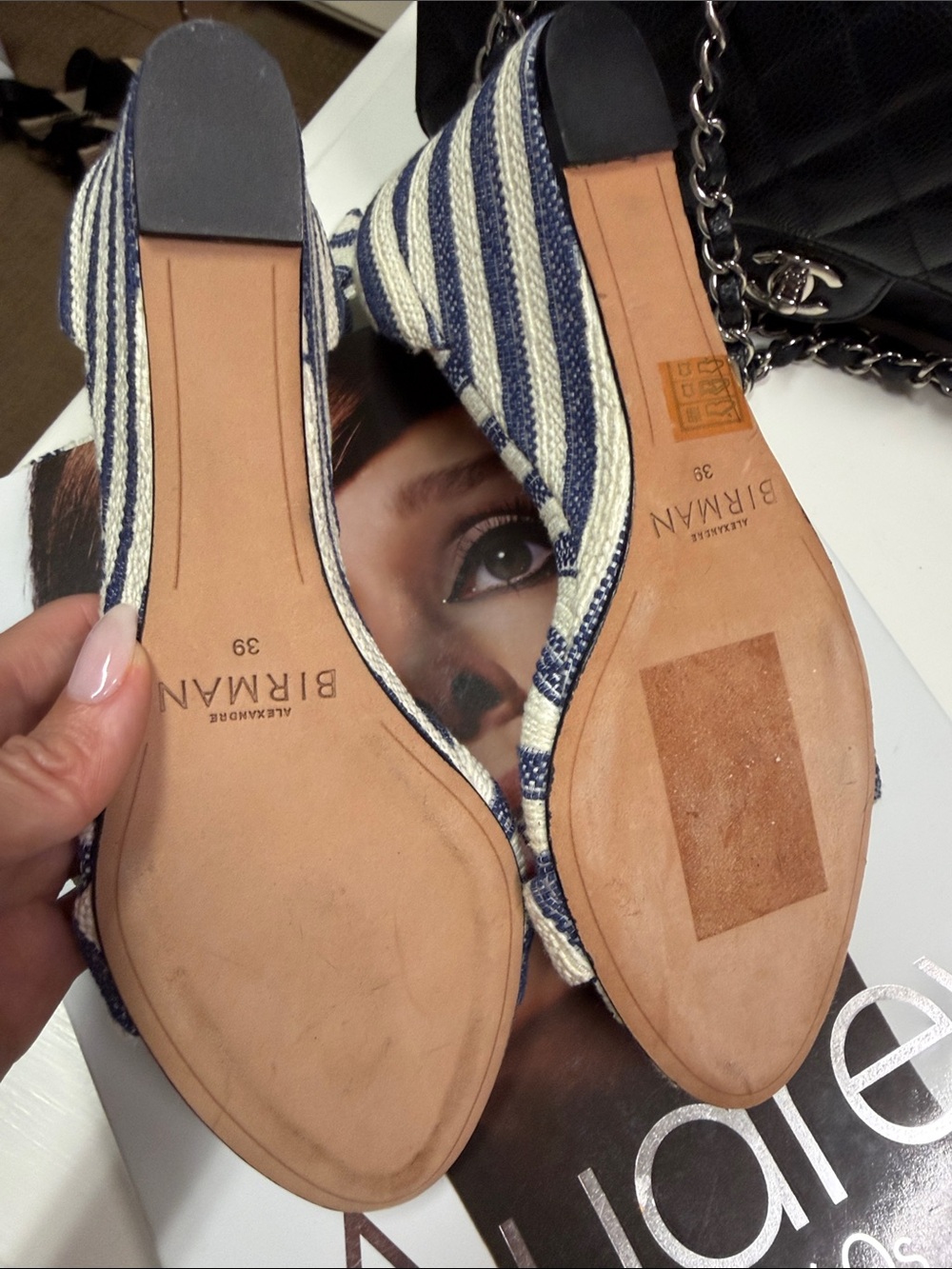 Alexandre Birman Navy & White Striped Tie-Ankle Heels - Picture 4 of 4